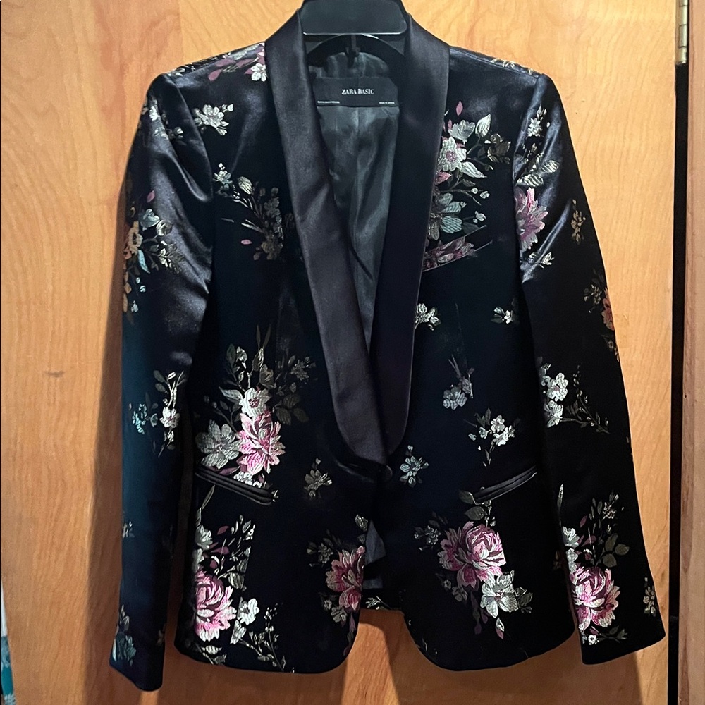 Zara Black Blazer with Pink Floral Pattern